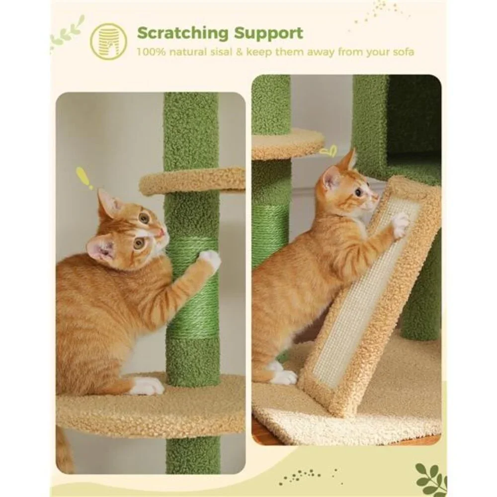 Cat Tree Tower Adjustable with Cat Condo Cat Hammock and Scratching Post, Green